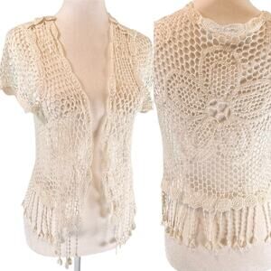 VTG Crochet OpenKnit Cardigan Topper Festival White Floral SIZE SMALL/MEDIUM Y2k